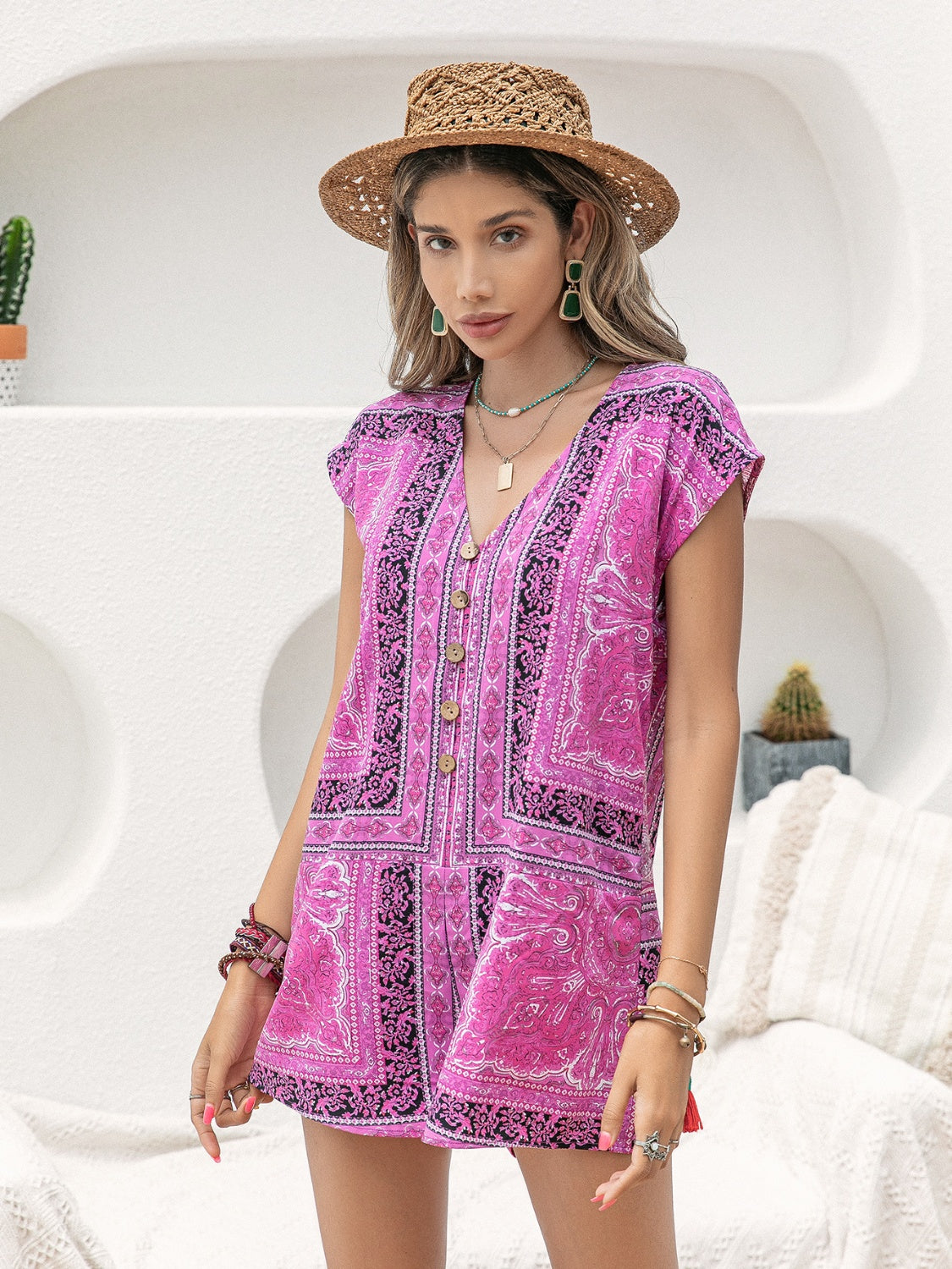 Printed V-Neck Cap Sleeve Romper  Trendsi   