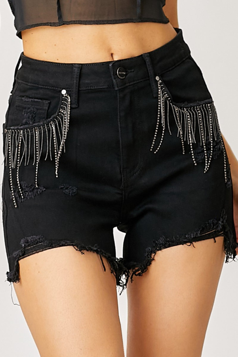 RISEN Frayed Hem Denim Shorts with Fringe Detail Pockets  Trendsi   