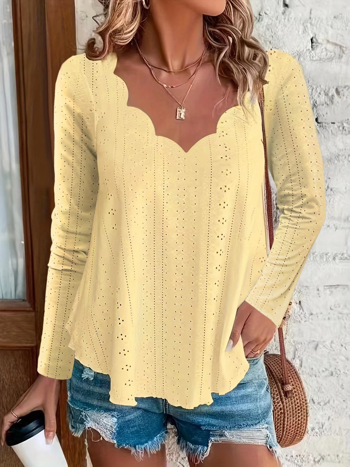 Eyelet Long Sleeve Blouse  Trendsi Light Yellow S 