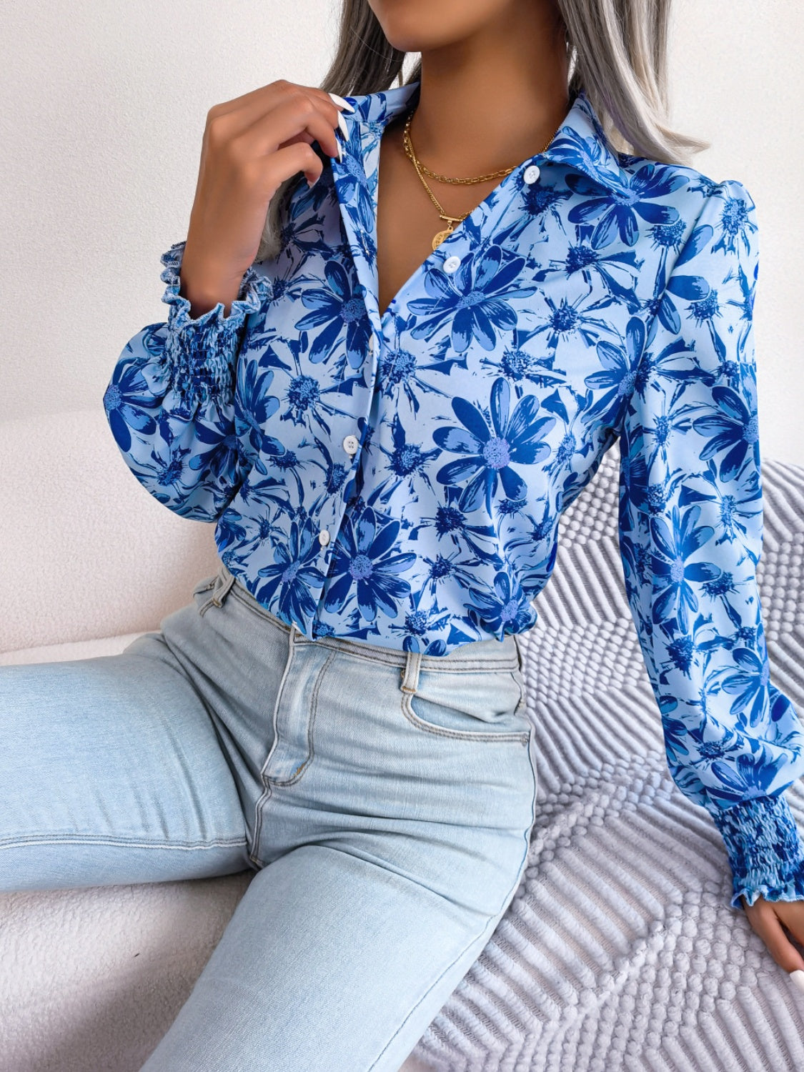 Floral Collared Neck Long Sleeve Shirt Blouse Trendsi   