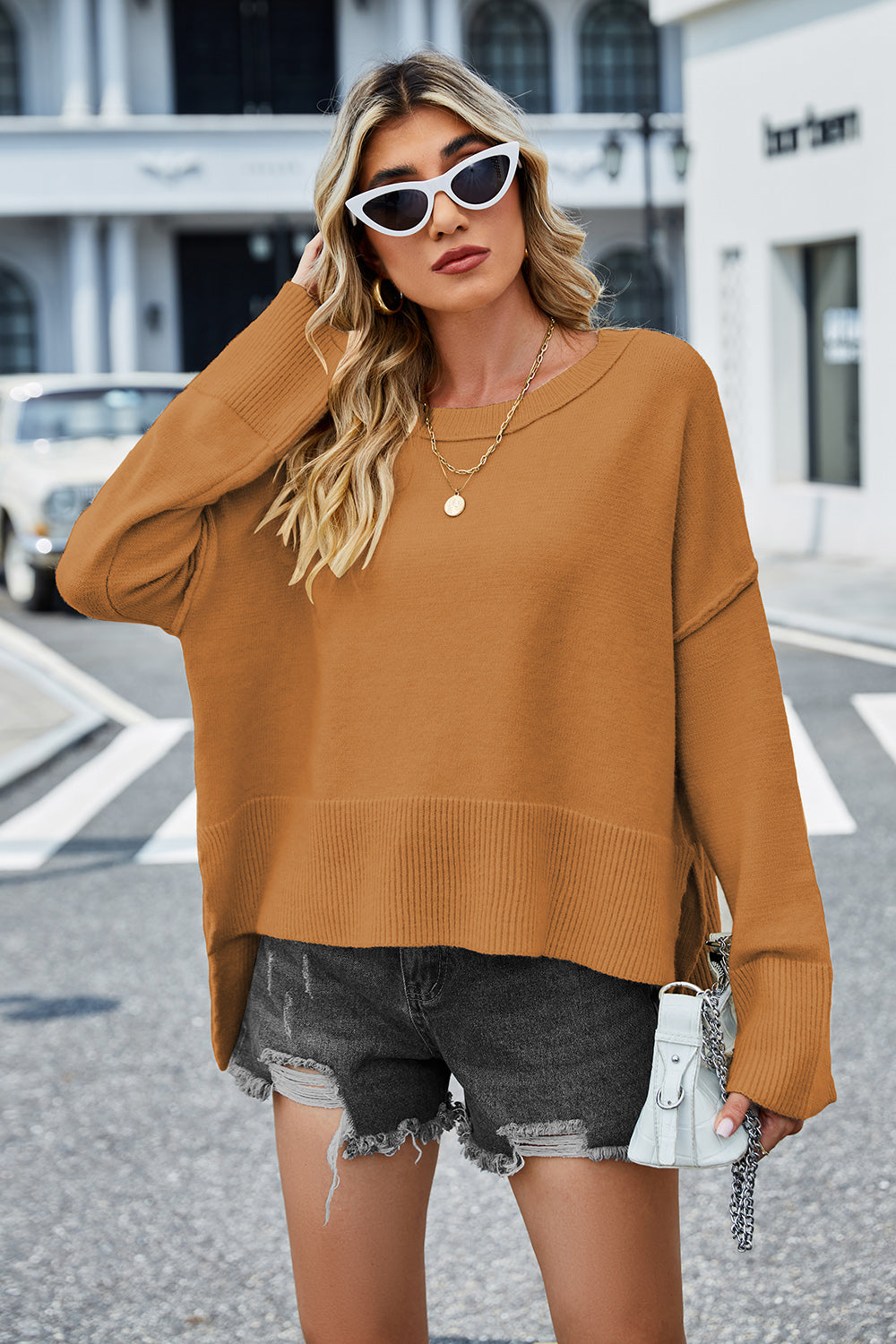 High-Low Slit Round Neck Long Sleeve Sweater  Trendsi   