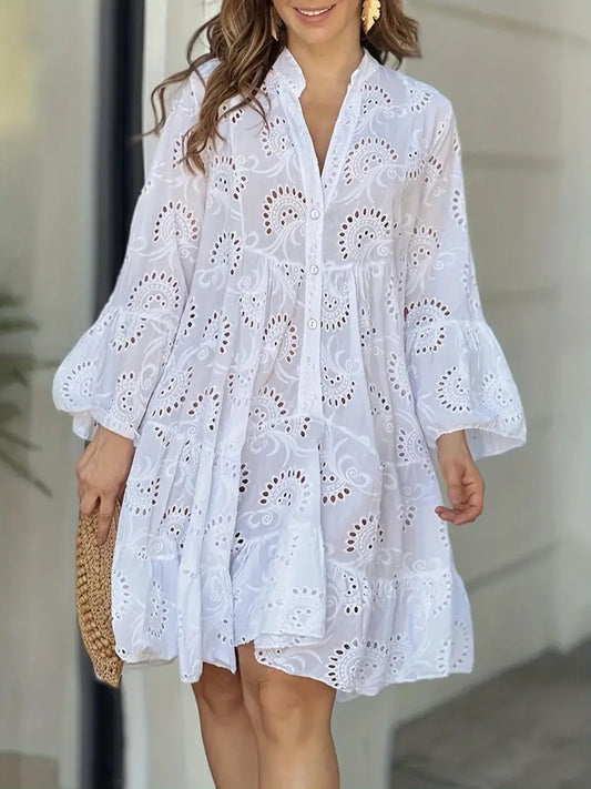 Ruffle Hem Eyelet Notched Long Sleeve Dress  Trendsi White S 