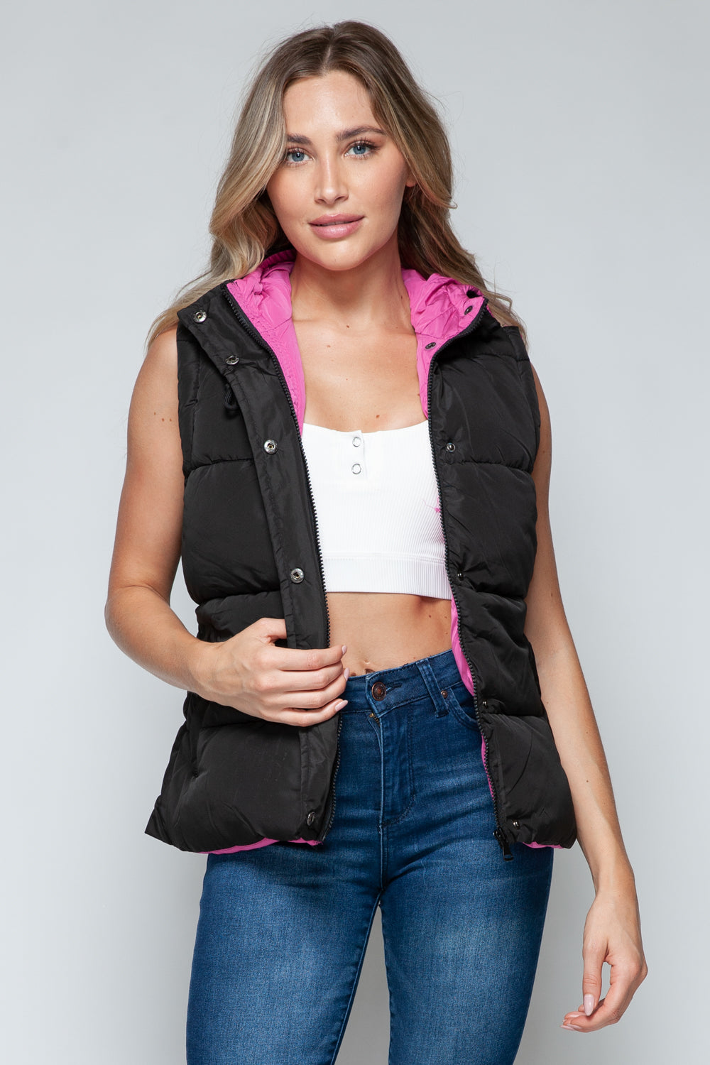 Snobbish Snap and Zip Closure Hooded Vest  Trendsi Black/Rose Violet S 