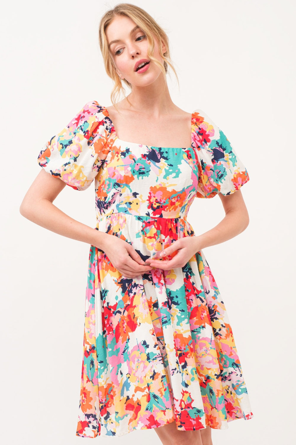 And The Why Square Neck Puff Sleeve Floral Dress  Trendsi   