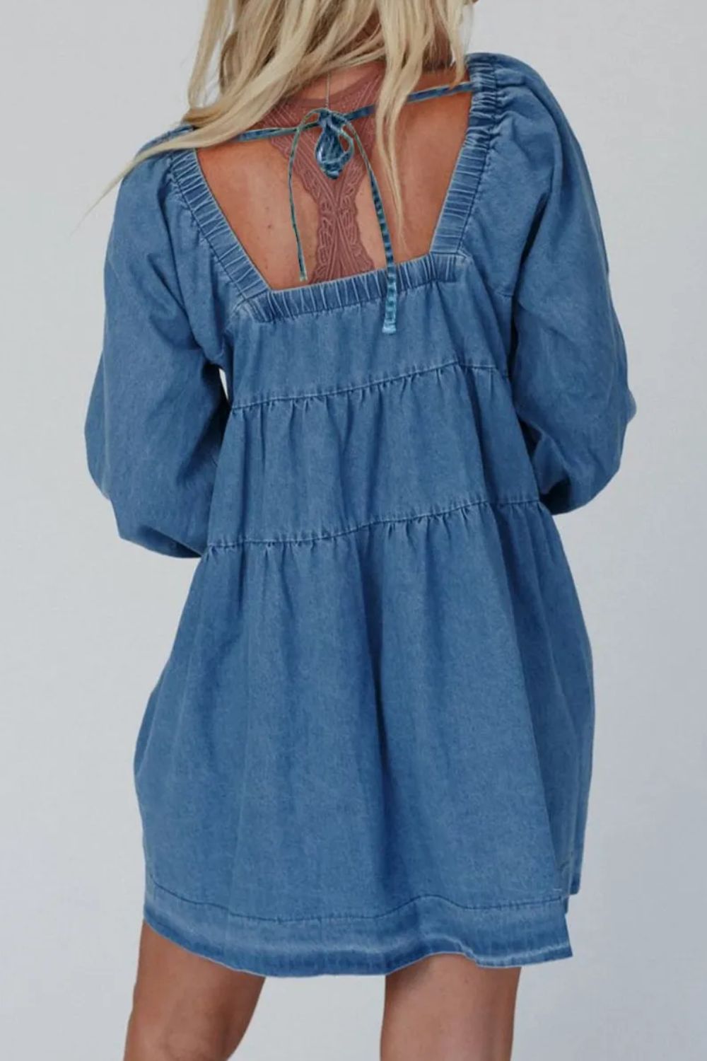 Tied Square Neck Long Sleeve Denim Dress with Pockets  Trendsi   