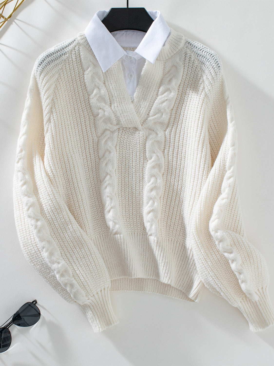 Cable-Knit Collared Neck Faux Layered Sweater