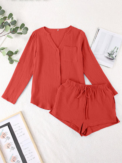 Notched Long Sleeve Top and Shorts Set