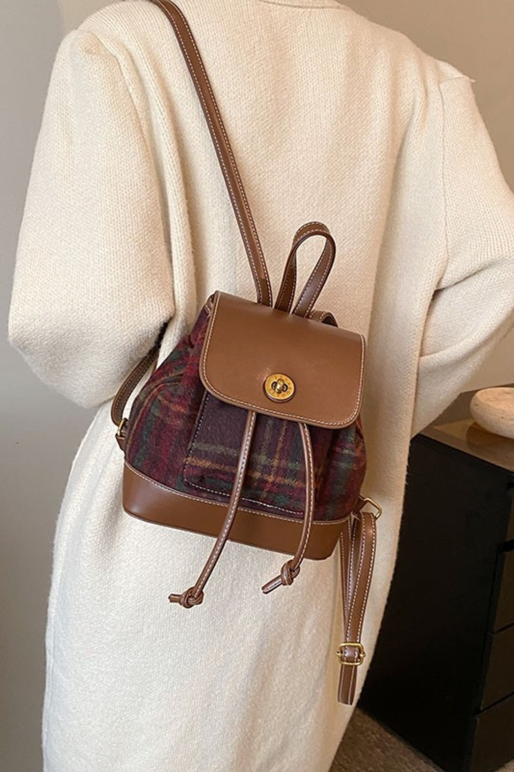 PU Leather Drawstring Plaid Backpack Bag  Trendsi   