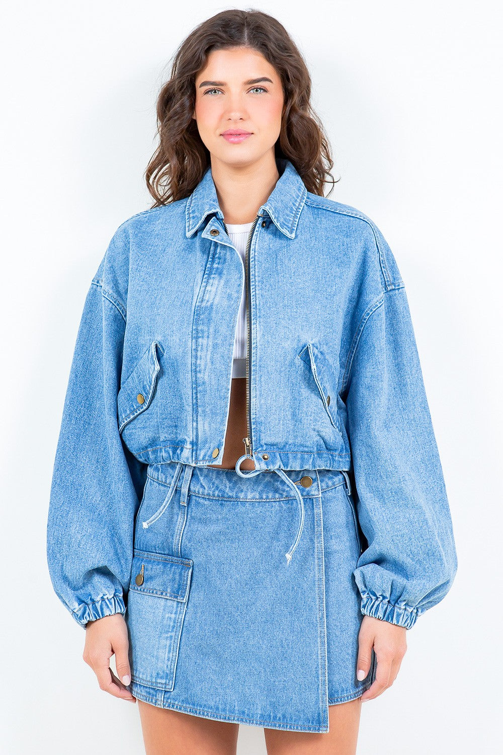 American Bazi Drawstring Waist Crop Denim Jacket  Trendsi Blue S 