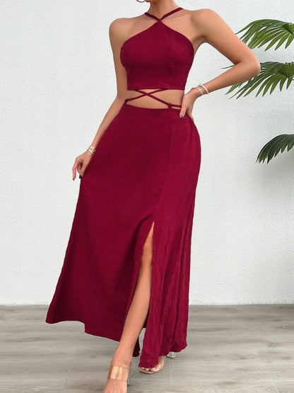 Devine Grecian Neck Top and Slit Skirt Set  Trendsi   