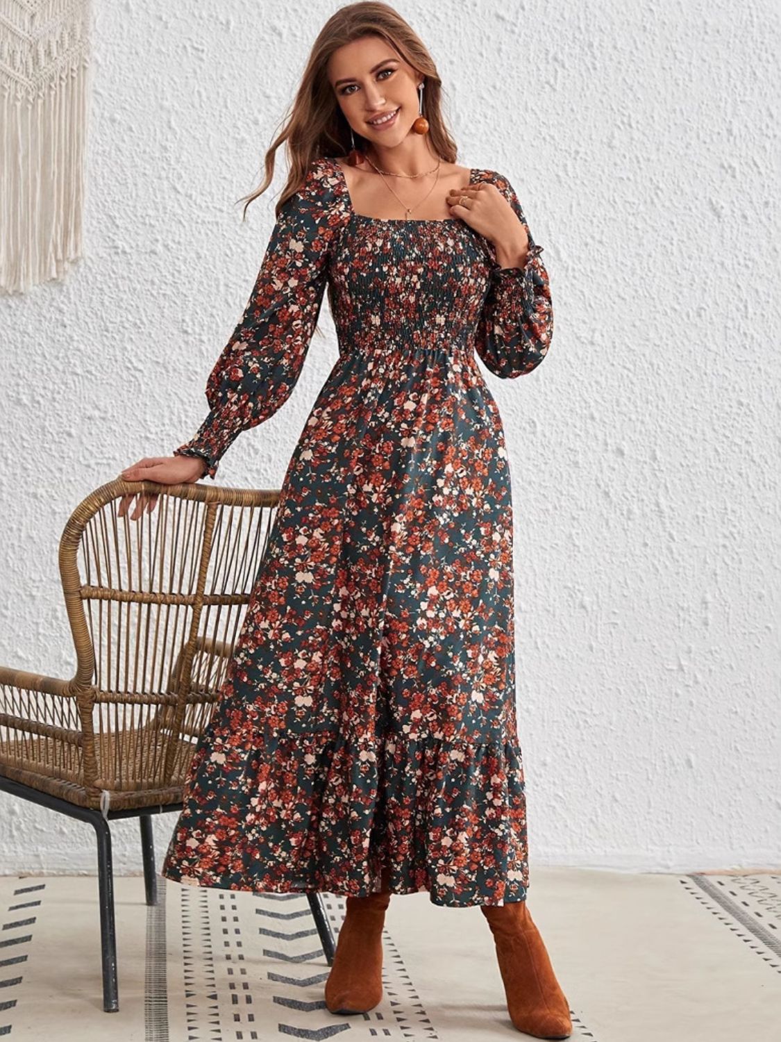 Smocked Floral Square Neck Long Sleeve Dress  Trendsi   