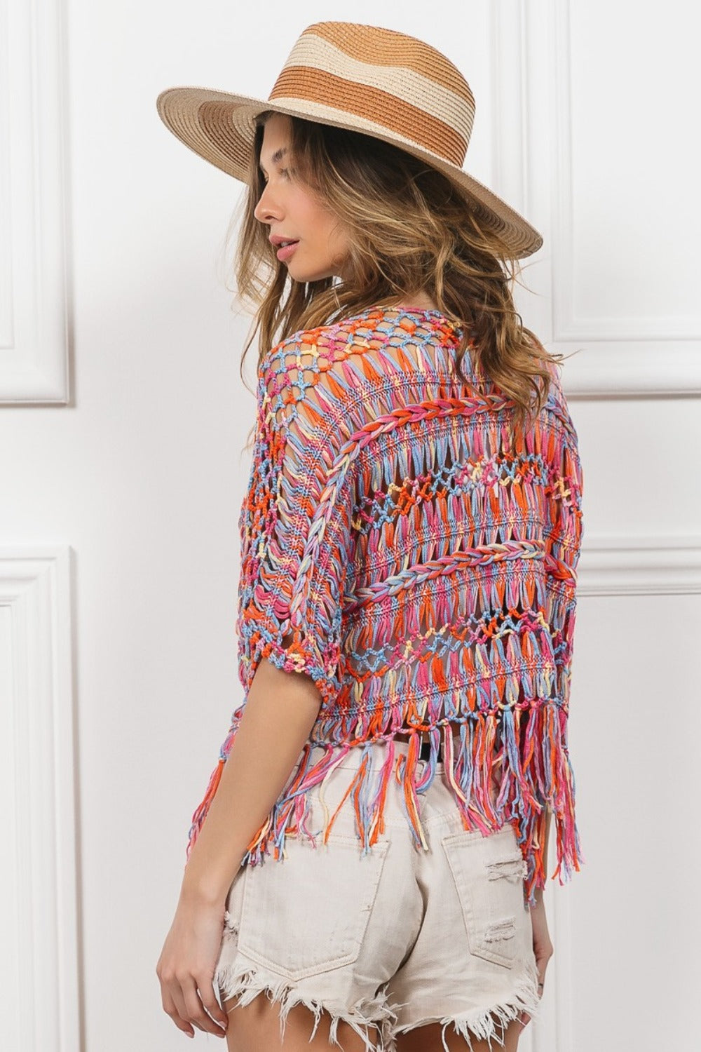 BiBi Open Front Fringed Crop Knit Cardigan Luxe Trendsi   