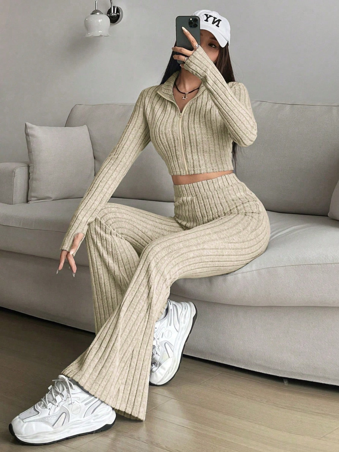 Honey Zip Up Long Sleeve Top and Pants Set  Trendsi   