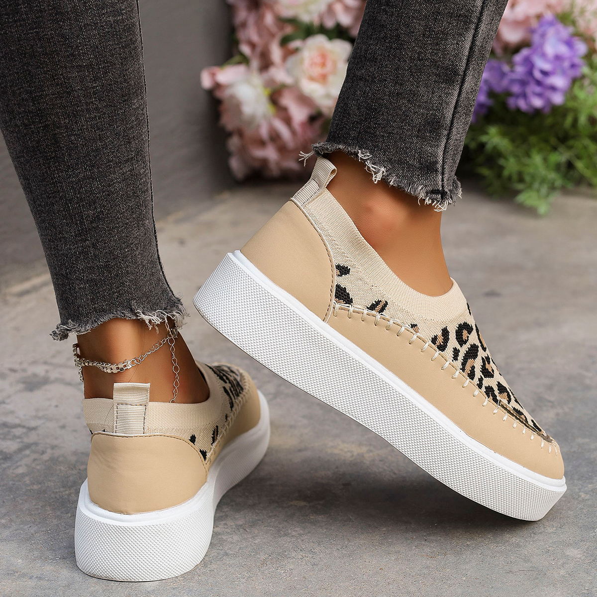 Leopard Round Toe Platform Sneakers  Trendsi   