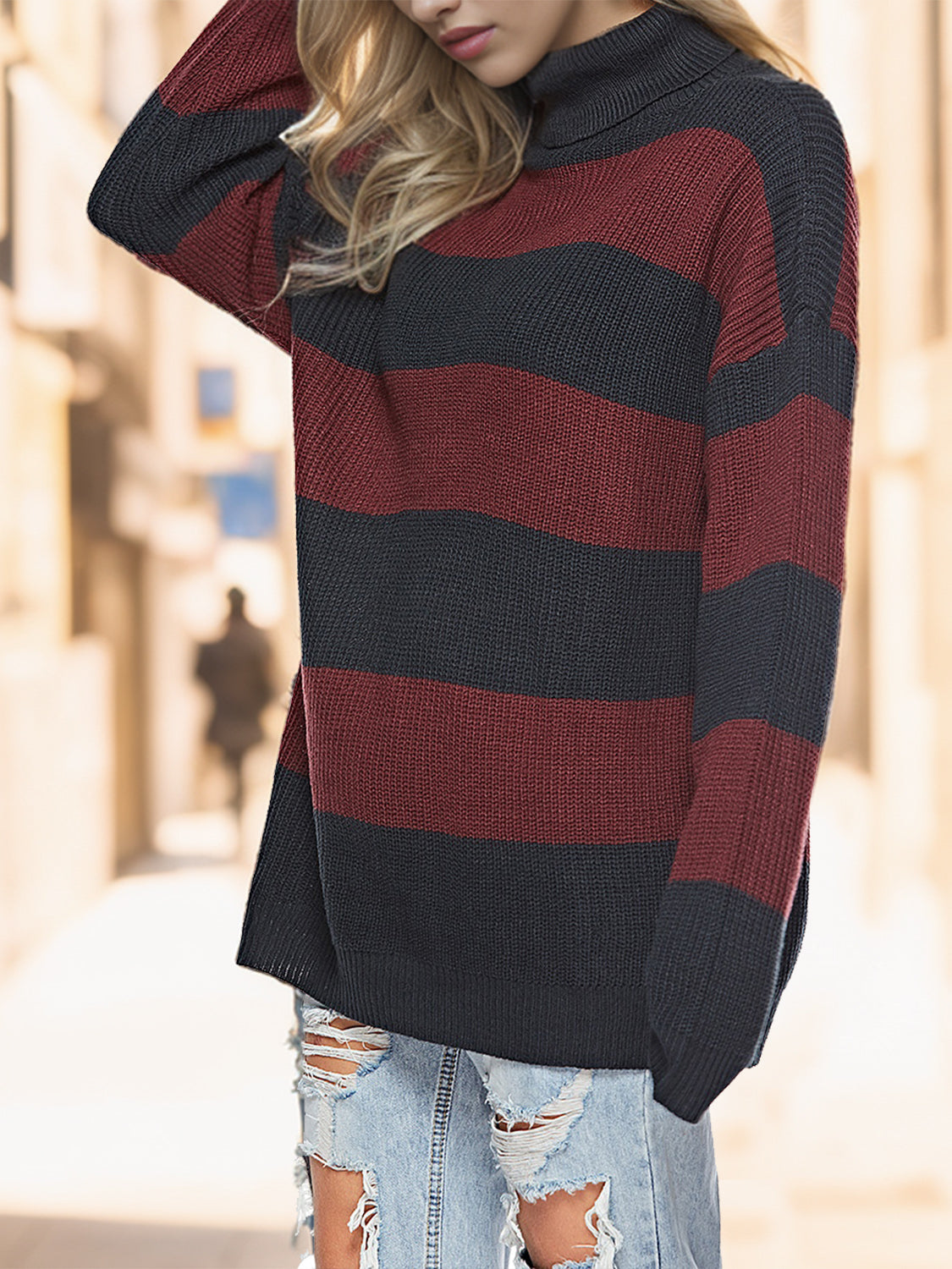 Striped Turtleneck Long Sleeve Sweater  Trendsi   