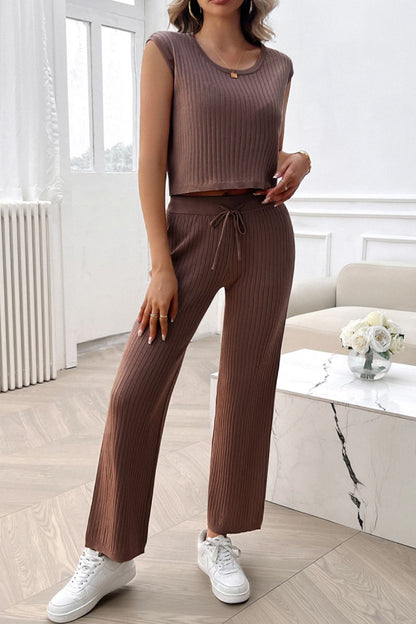 Devine Ribbed Round Neck Top and Pants Set  Trendsi Brown S 