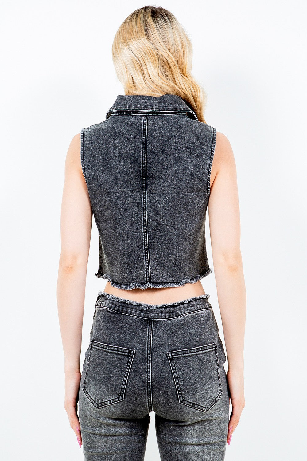 American Bazi Zip Up Washed Crop Denim Vest  Trendsi   