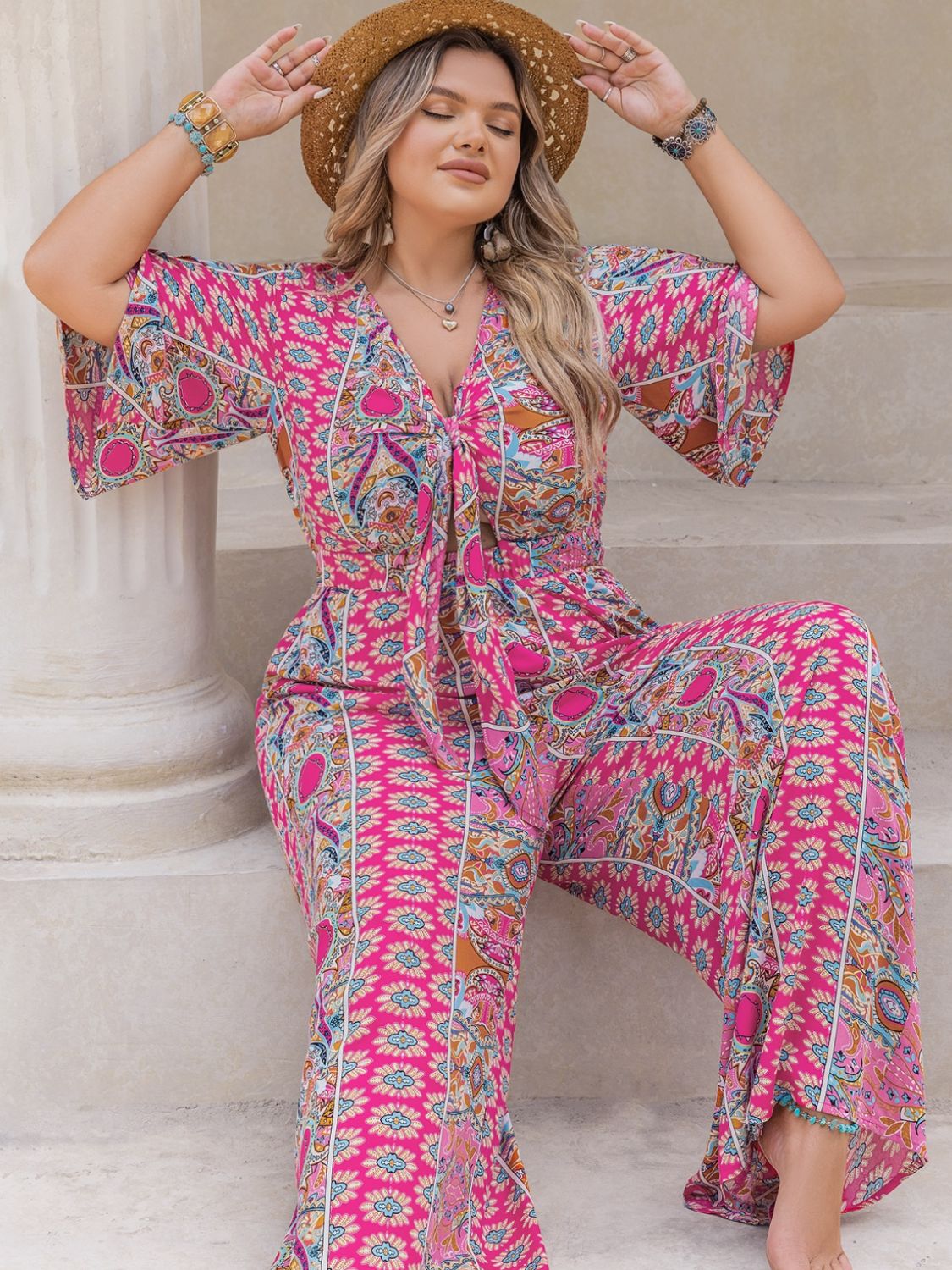 Plus Size Printed Half Sleeve Wide Leg Jumpsuit  Trendsi   