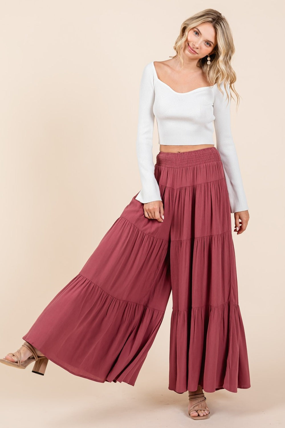 Mittoshop Tier Detail Smocked Elastic Waist Wide Leg Pants  Trendsi Sienna S 