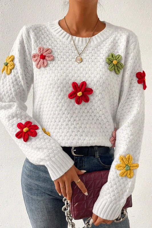 Crochet Flower Round Neck Sweater  Trendsi White S 