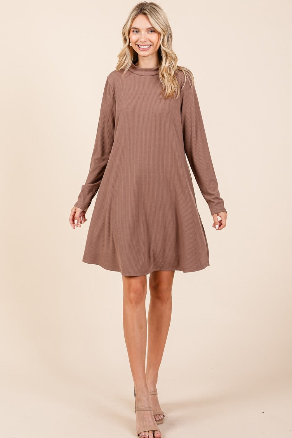 Mittoshop Mock Neck Long Sleeve Dress with Pockets  Trendsi   