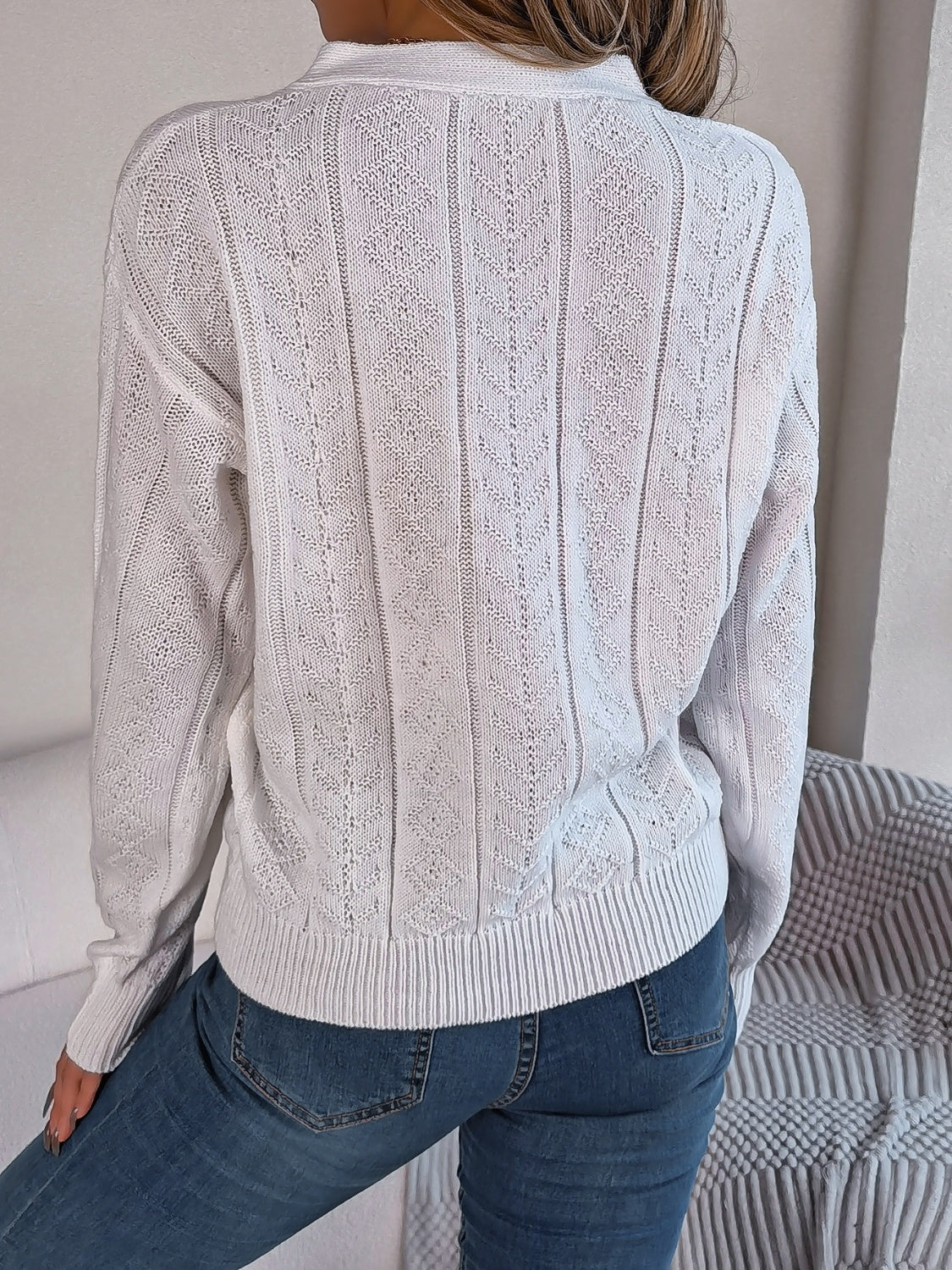 Cable-Knit V-Neck Long Sleeve Sweater  Trendsi   