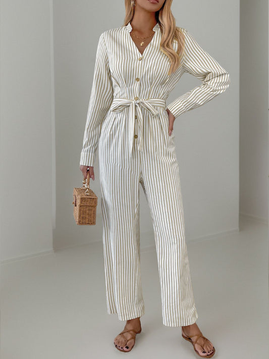 Striped Notched Long Sleeve Tie Waist Jumpsuit  Trendsi Beige S 