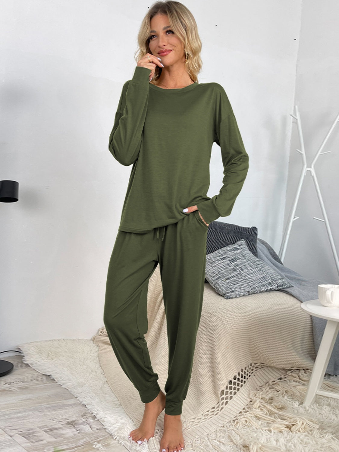 Shiny Round Neck Top and Drawstring Pants Lounge Set  Trendsi   