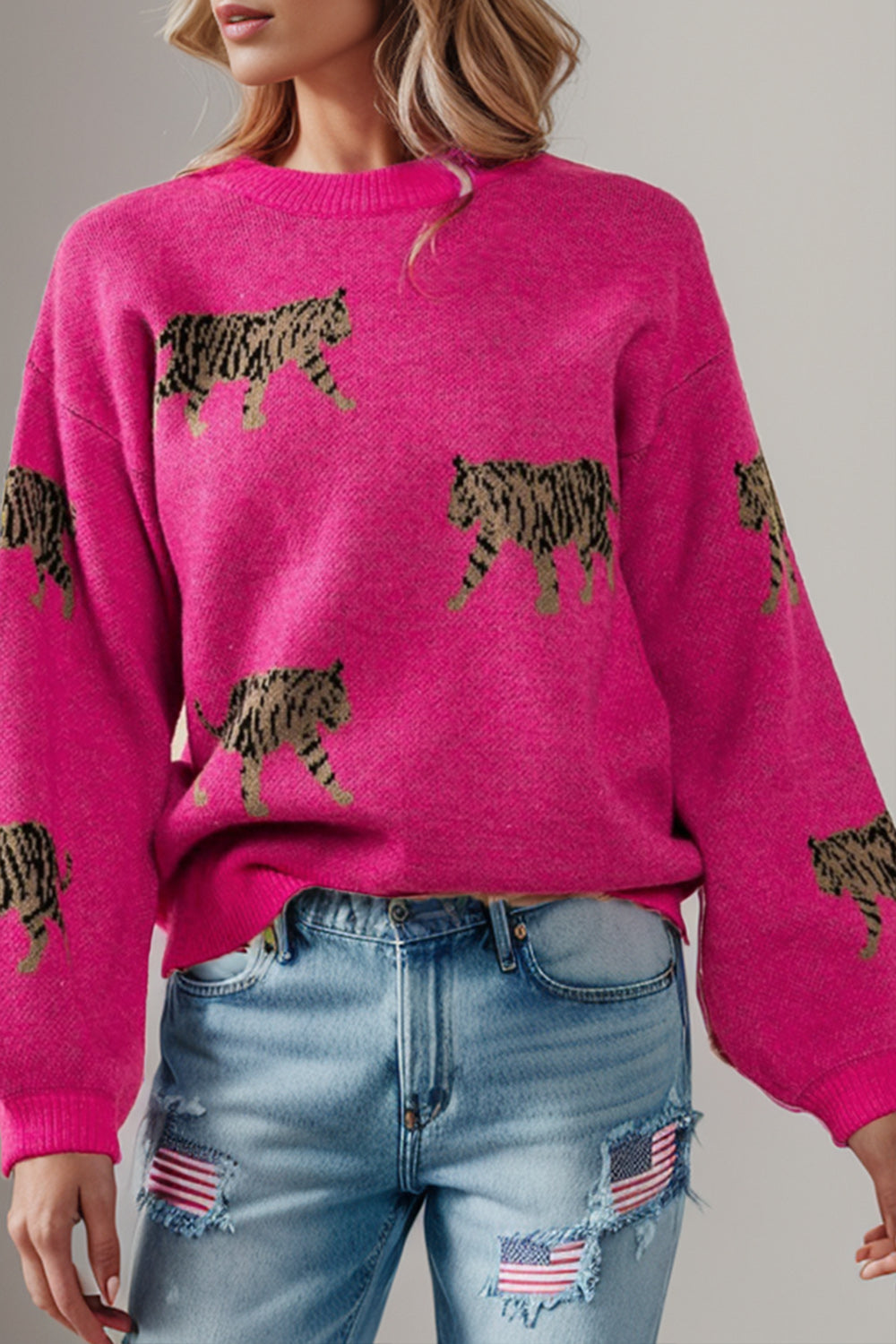 Tiger Pattern Round Neck Drop Shoulder Sweater  Trendsi   