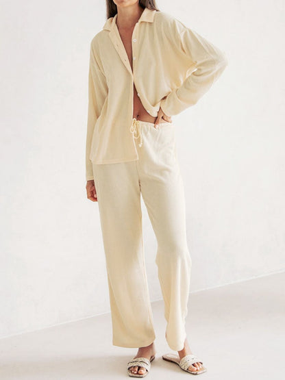 Collared Neck Long Sleeve Top and Drawstring Pants Set  Trendsi Cream XS 