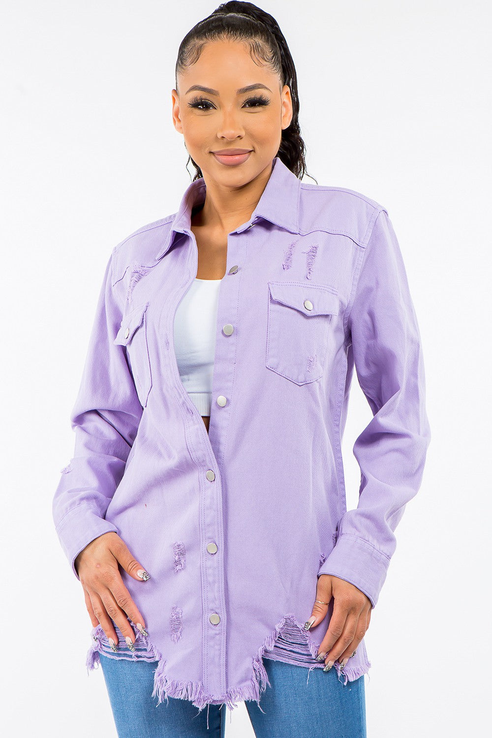 American Bazi Frayed Hem Distressed Denim Jacket  Trendsi Lavender S 