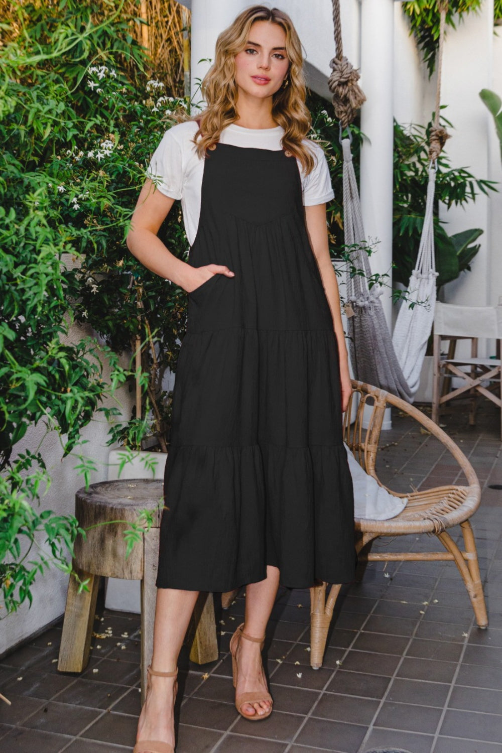 ODDI Full Size Sleeveless Tiered Midi Dress  Trendsi Black S 