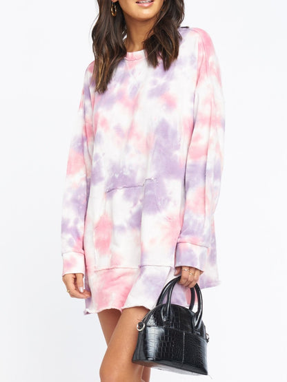 Pocketed Tie-Dye Round Neck Long Sleeve Dress Dress Trendsi   