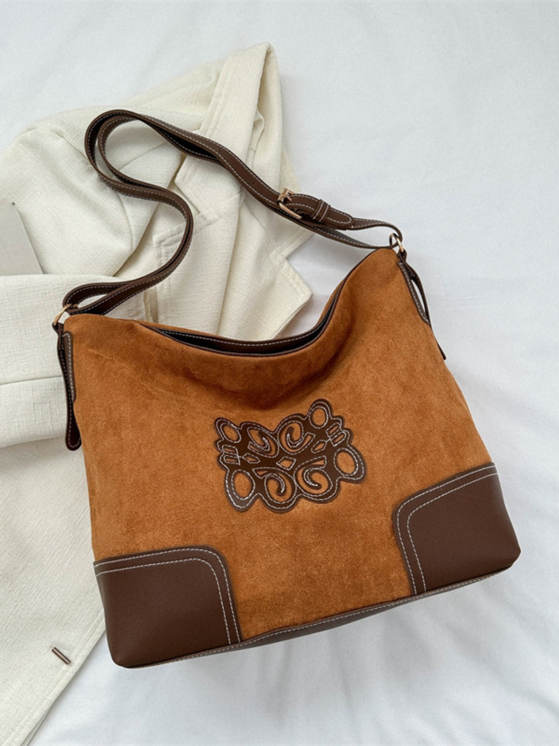 Suede Patch Adjustable Strap Tote Bag  Trendsi Ochre One Size 