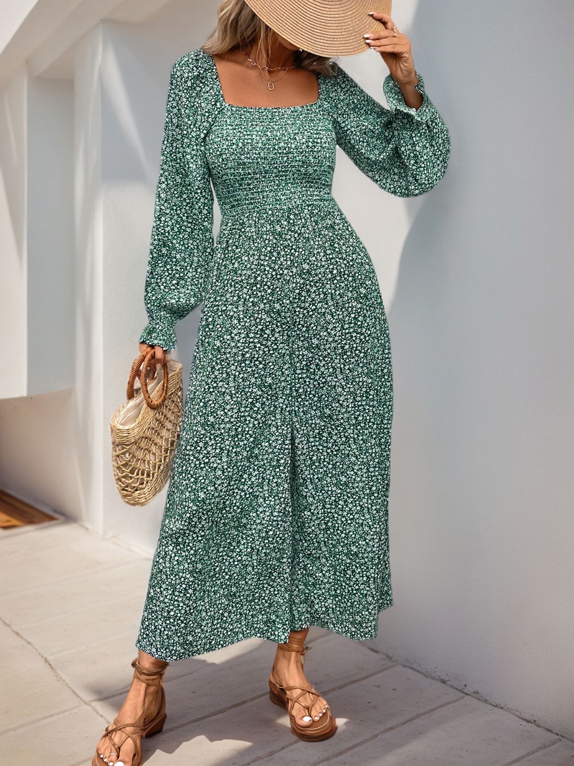 Perfee Smocked Printed Long Sleeve Wide Leg Jumpsuit  Trendsi   