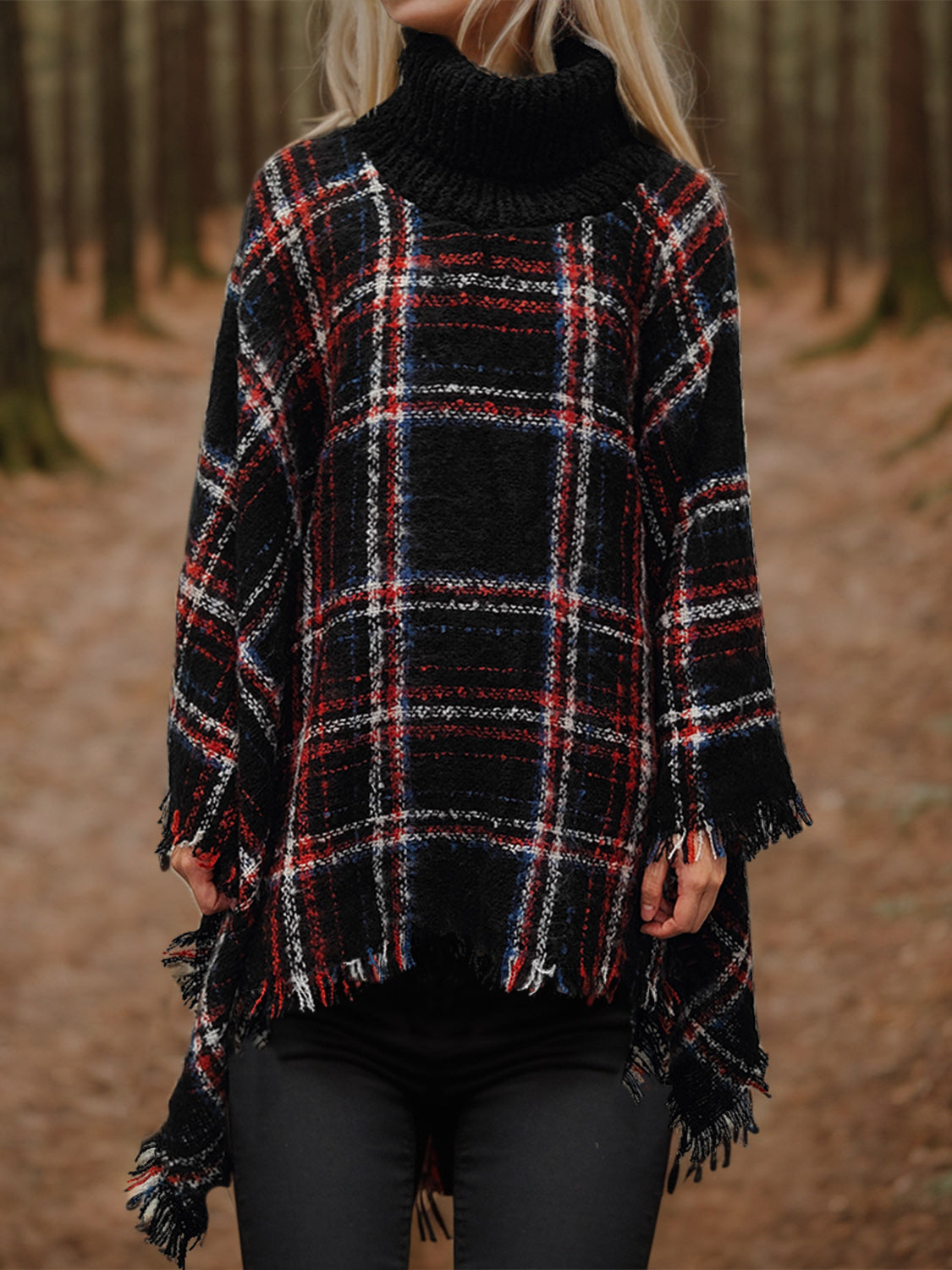 Shiny Turtleneck Plaid Raw Hem Sweater  Trendsi   