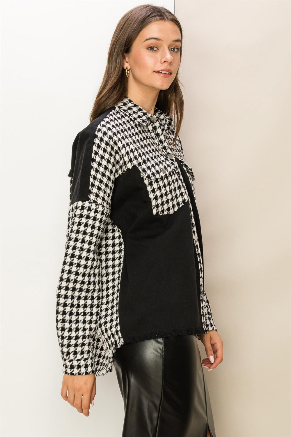 HYFVE Houndstooth Contrast Raw Hem Jacket  Trendsi   