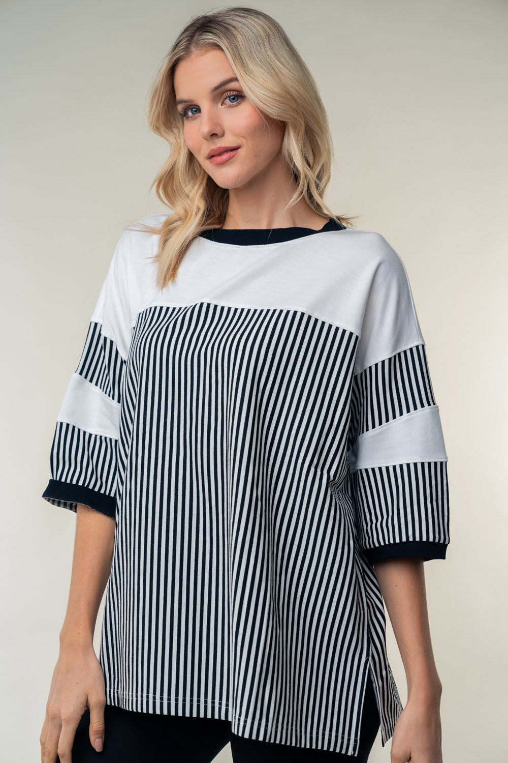 White Birch Full Size Striped Contrast Round Neck Top  Trendsi   