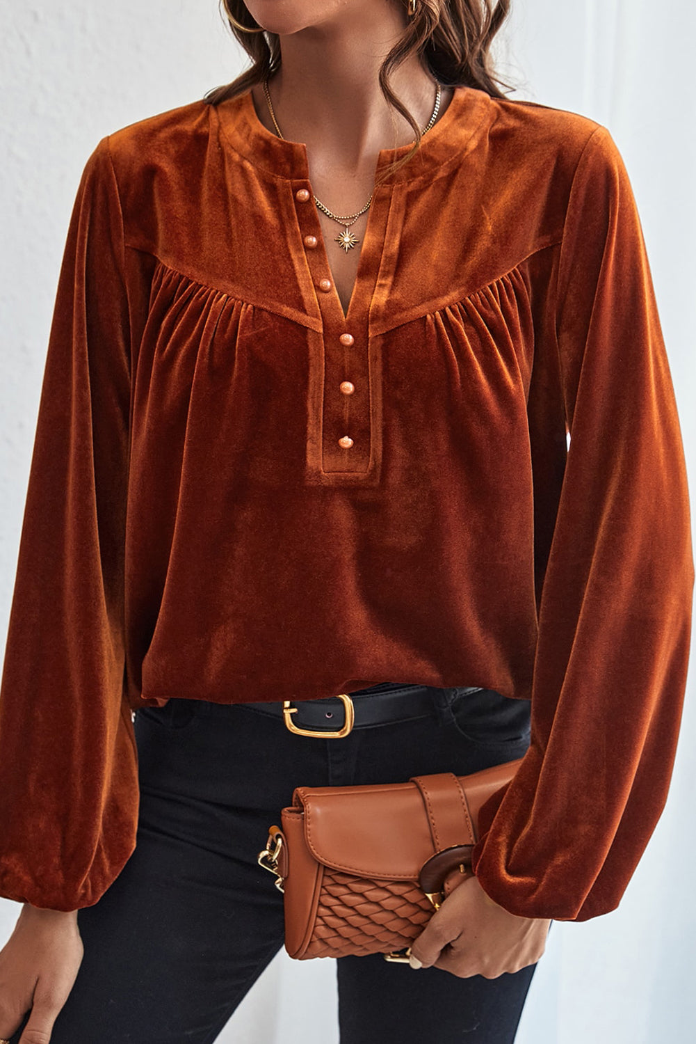 Ruched Decorative Button Notched Blouse Blouse Trendsi   