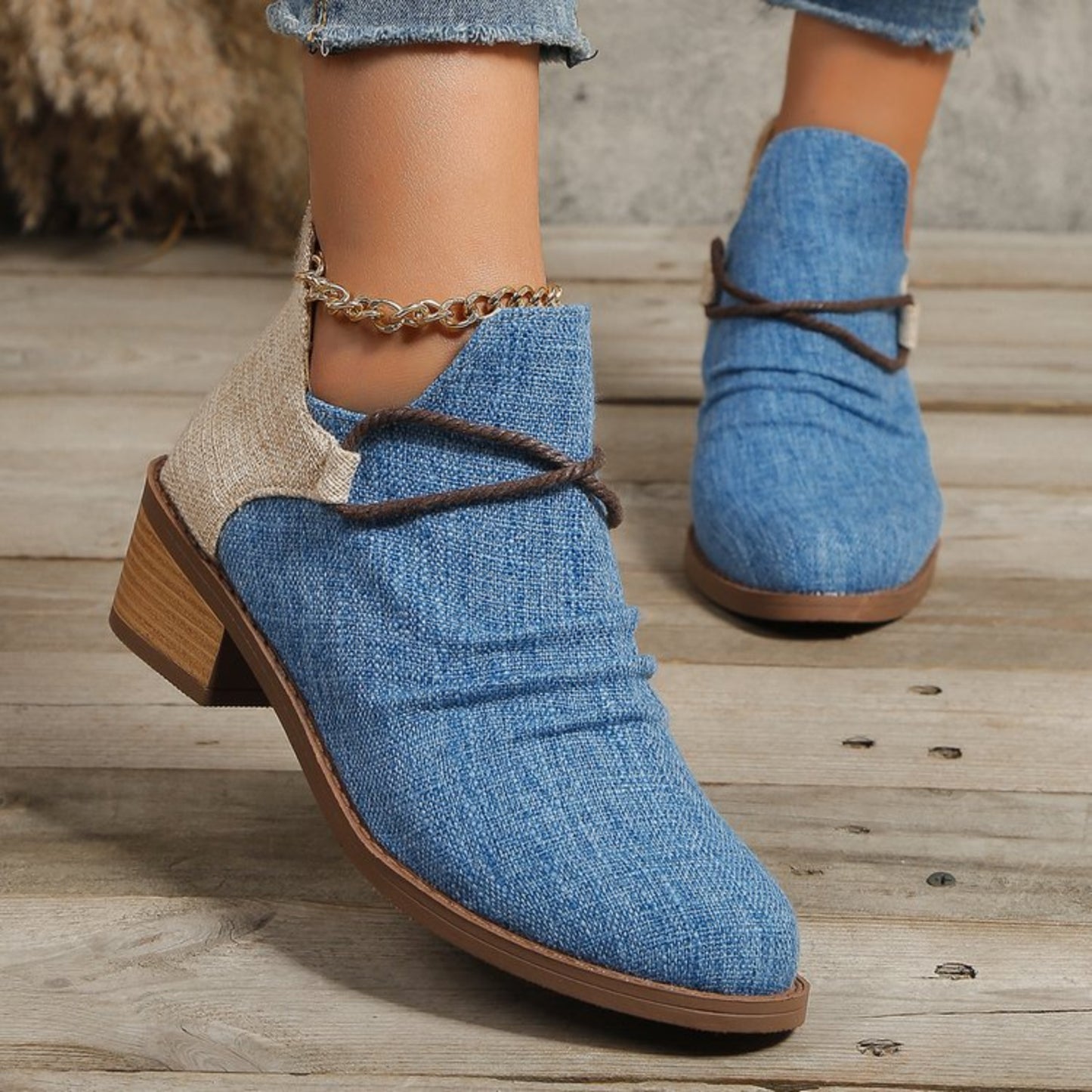 Contrast Canvas Low Heel Boots  Trendsi Cerulean 35(US4) 