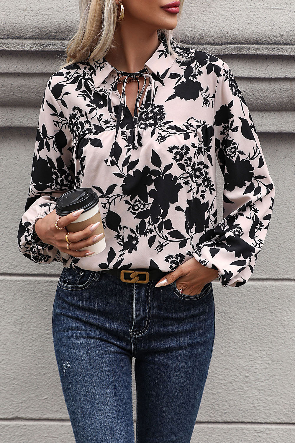 Perfee Printed Tie Neck Balloon Sleeve Blouse Blouse Trendsi   