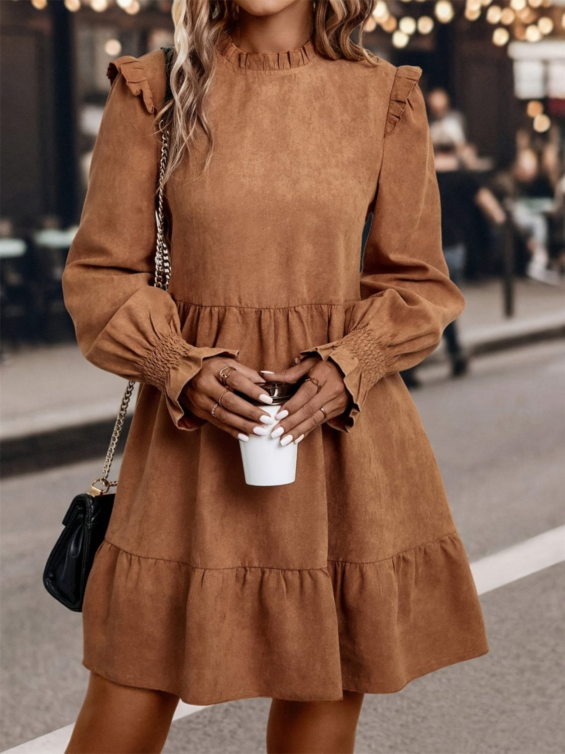 Frill Round Neck Long Sleeve Mini Dress  Trendsi   