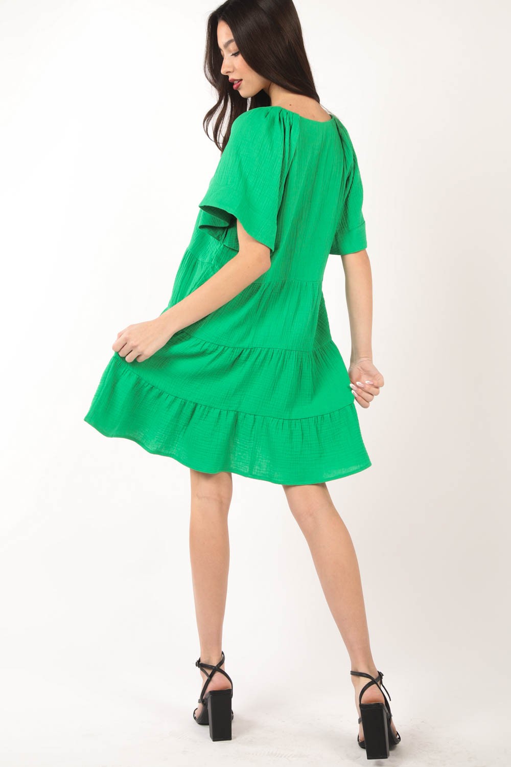 VERY J Texture V-Neck Ruffled Tiered Dress  Trendsi   