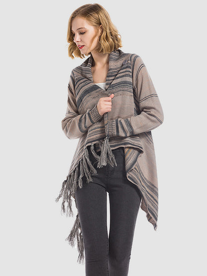 Angel Wings Tassel Striped Open Front Long Sleeve Cardigan  Trendsi Dark Gray S 