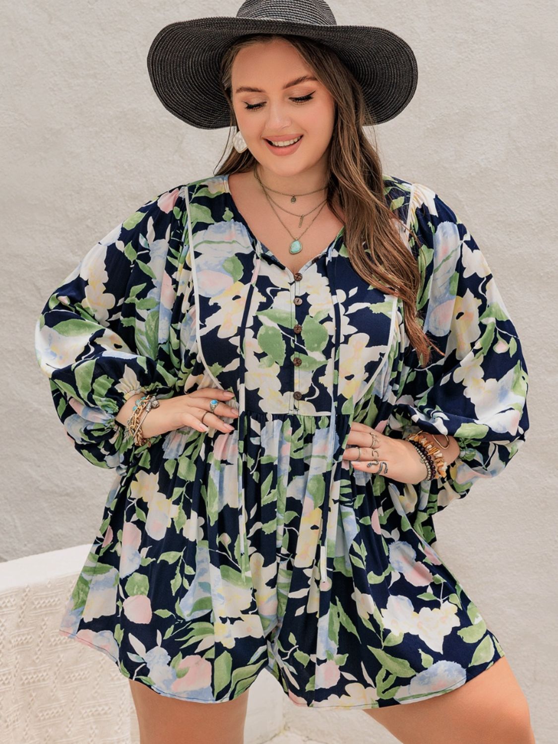 Plus Size Tied Printed Long Sleeve Romper  Trendsi   