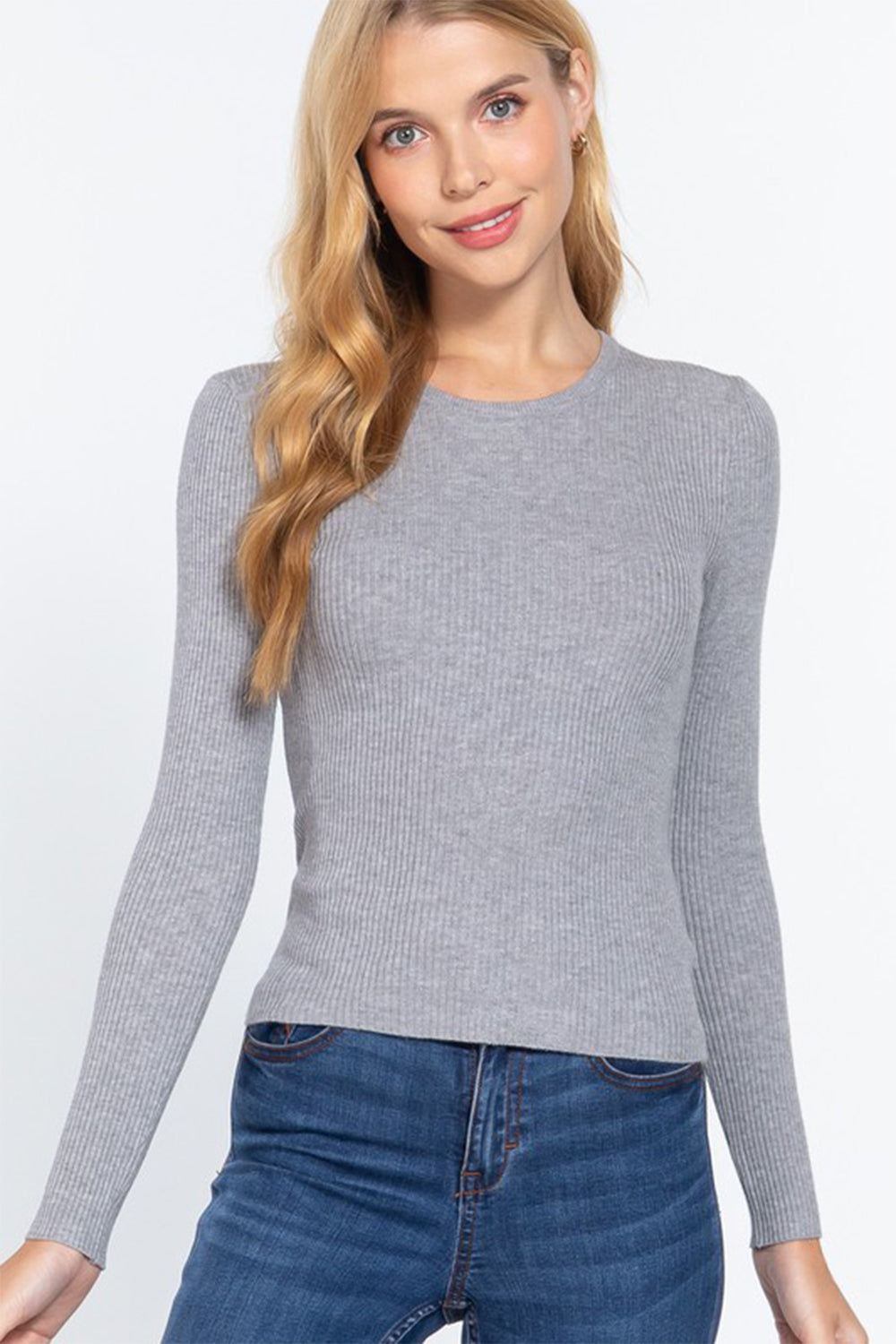 ACTIVE BASIC Full Size Ribbed Round Neck Long Sleeve Knit Top  Trendsi   