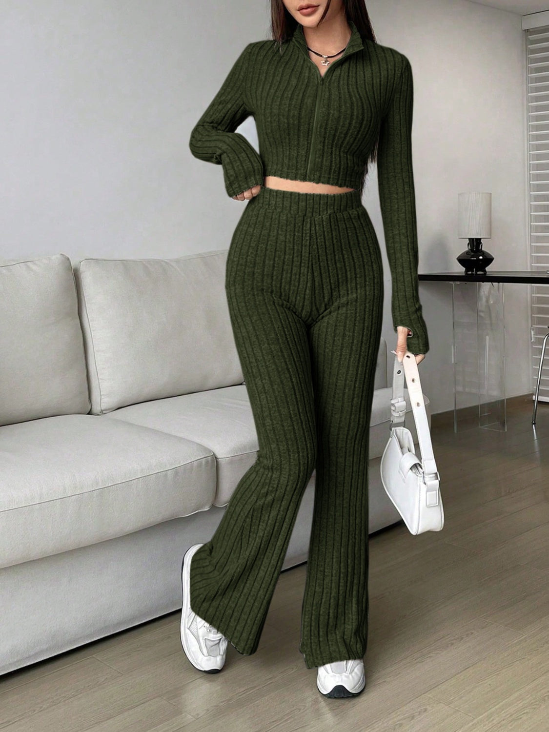 Honey Zip Up Long Sleeve Top and Pants Set  Trendsi   