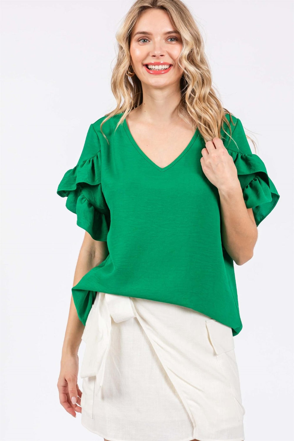 GeeGee Ruffled Short Sleeve V-Neck Blouse  Trendsi KELLY GREEN S 