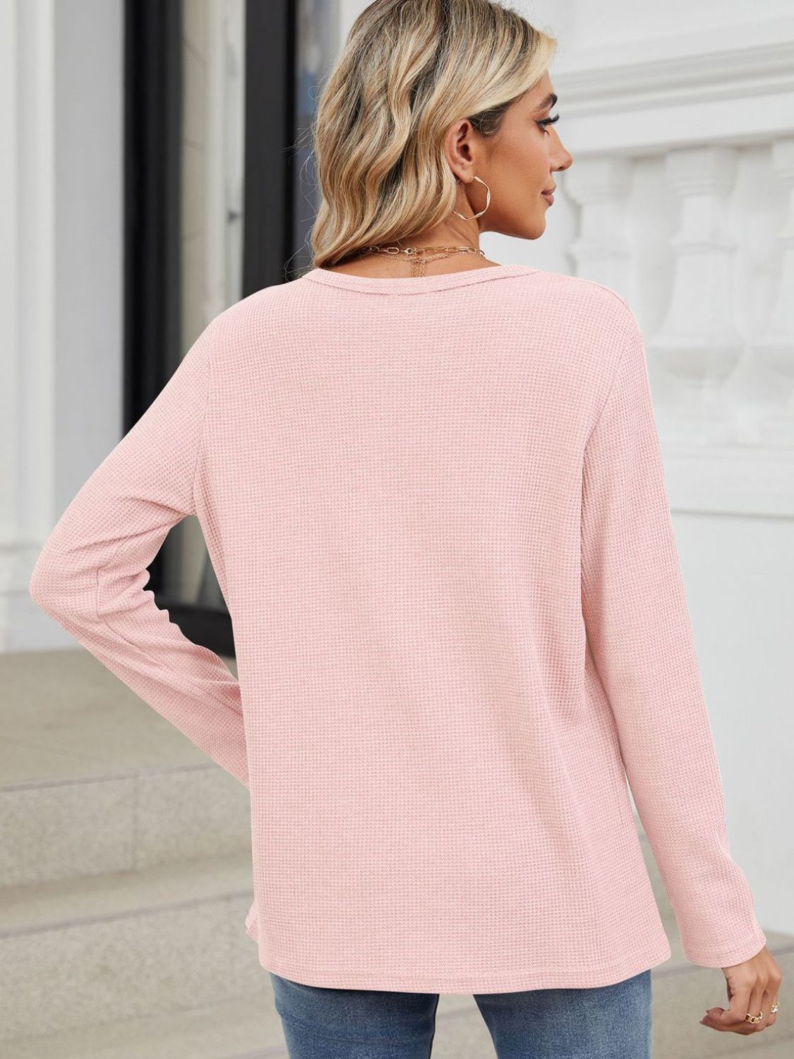 Waffle-Knit Notched Long Sleeve T-Shirt T-Shirt Trendsi   