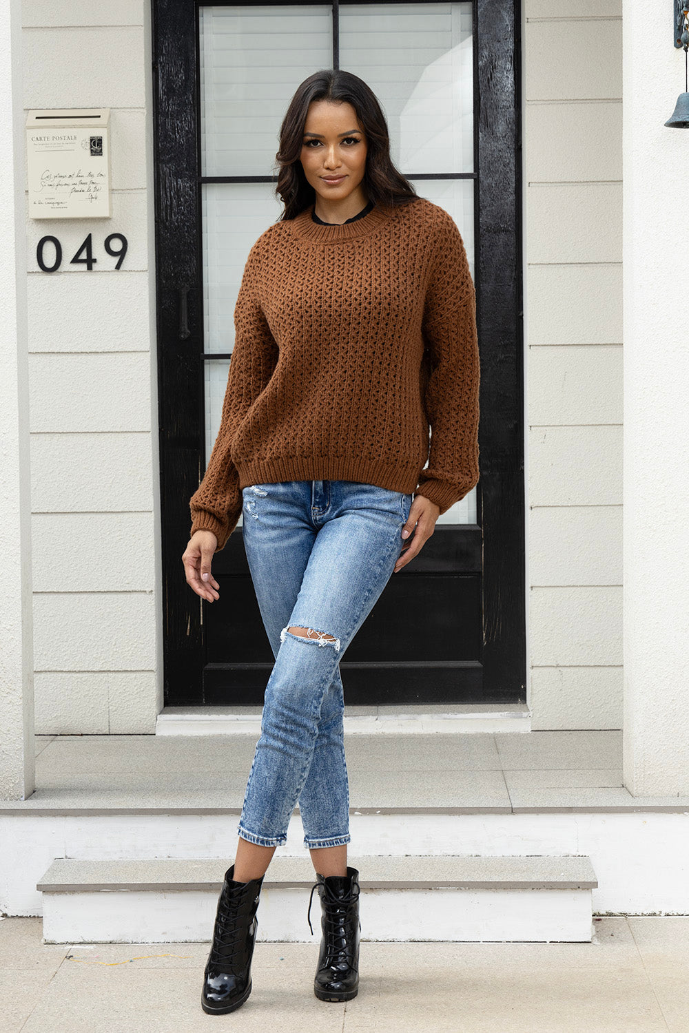 Round Neck Long Sleeve Sweater  Trendsi   